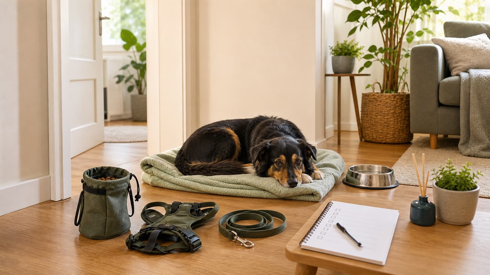 Vorsichtiger Hund liegt ruhig auf einer Decke neben sicherem Geschirr, Leine, Napf, Leckerlibeutel und Checkliste