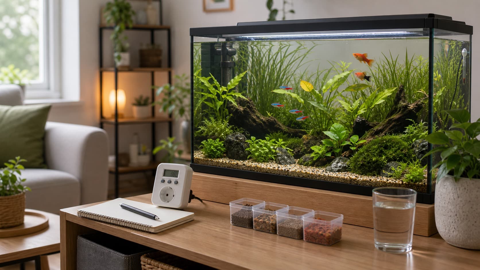 Gepflegtes bepflanztes Aquarium in einer hellen Wohnung mit vorbereiteten Futterportionen, Timer und Notizbuch für die Urlaubsbetreuung