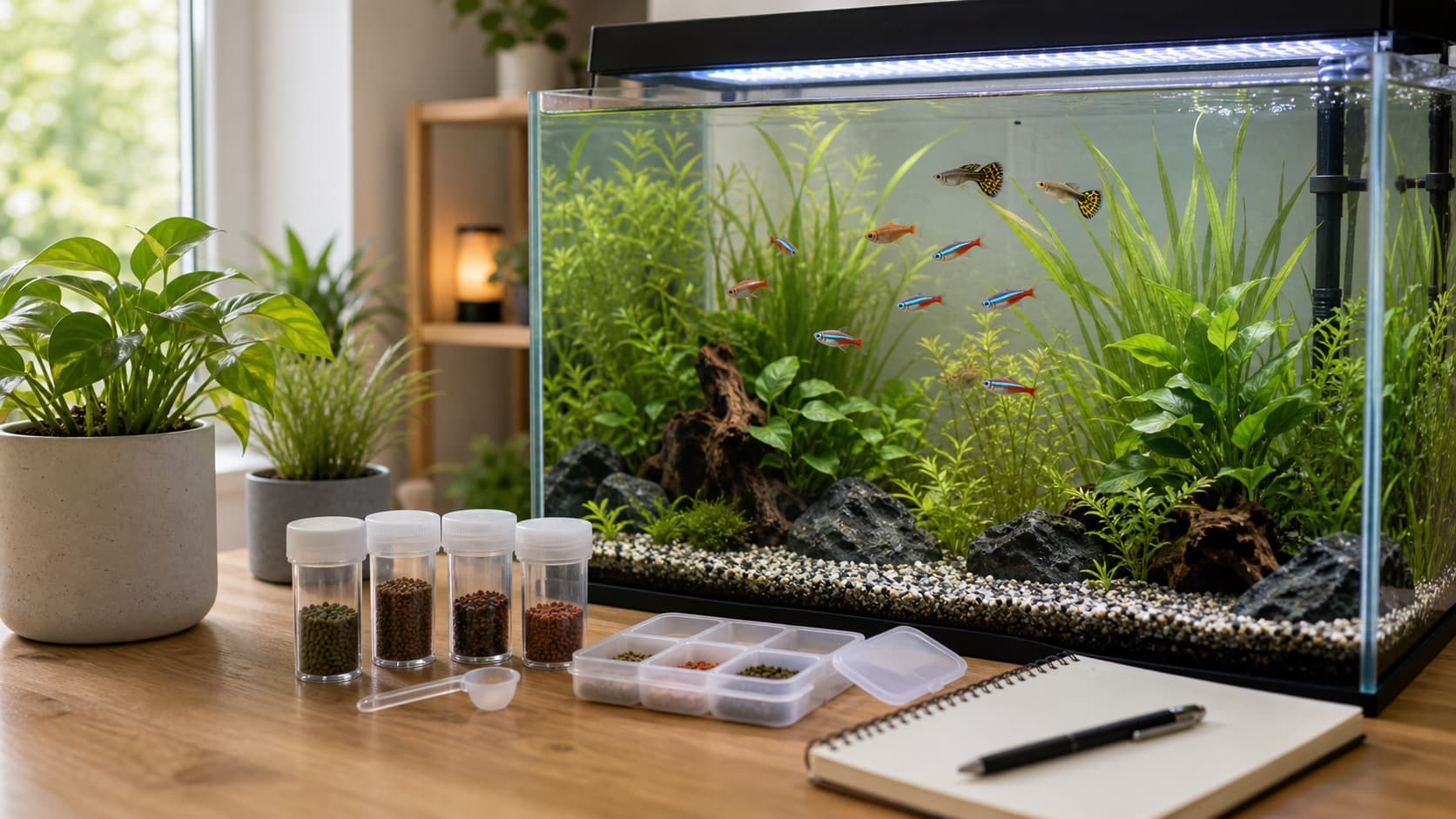 Gepflegtes Süßwasseraquarium mit ruhigen Fischen und vorbereiteten kleinen Futterportionen vor dem Becken