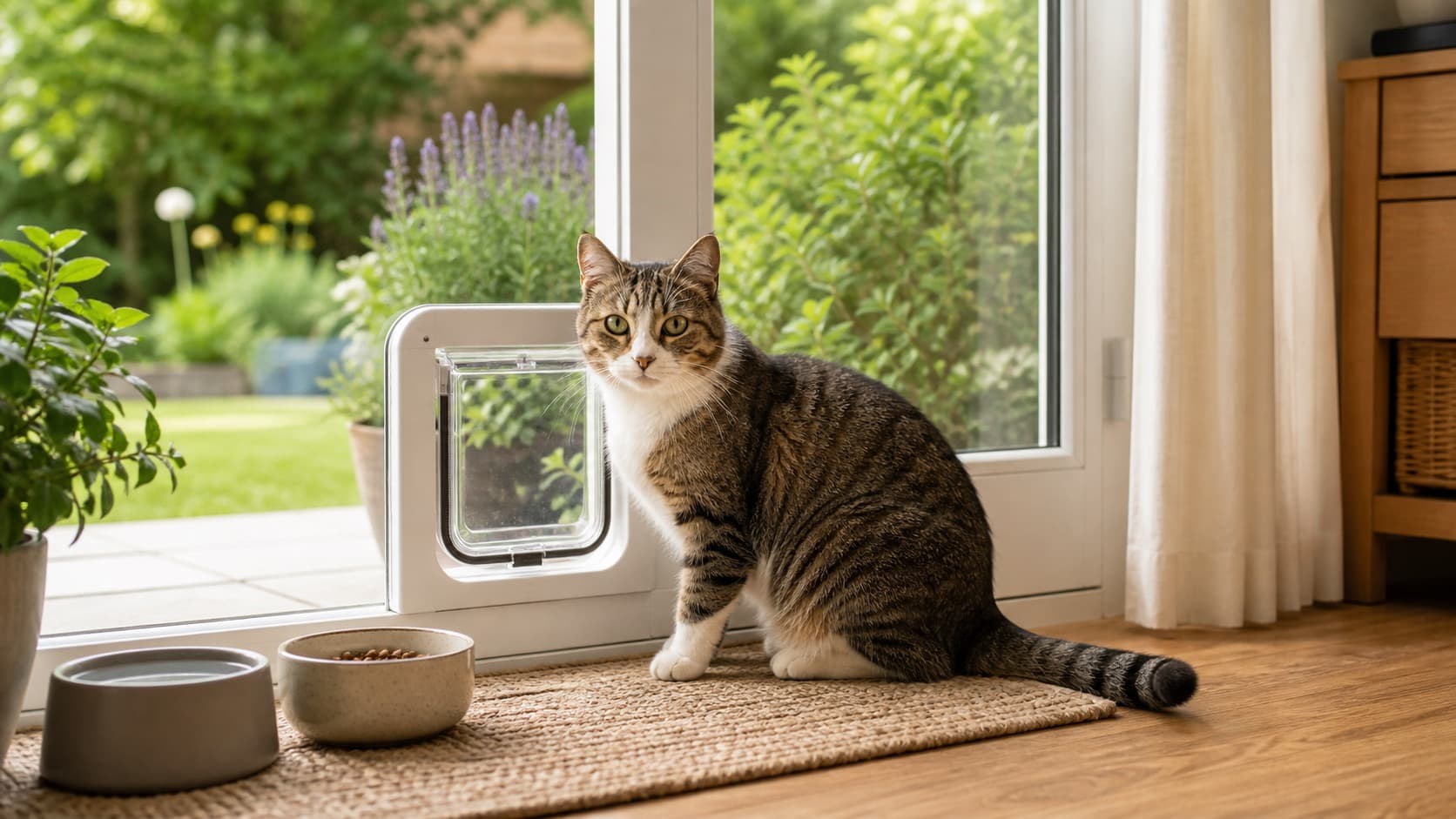 Freigänger-Katze sitzt ruhig an einer Terrassentür mit Katzenklappe, Futter, Wasser und sicherem Gartenblick
