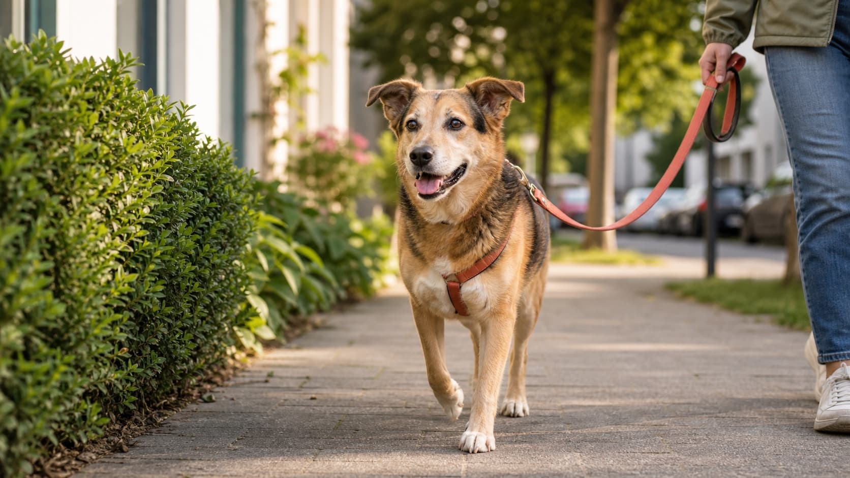 Hund läuft ruhig an der Leine auf einem grünen Gehweg in der Nachbarschaft
