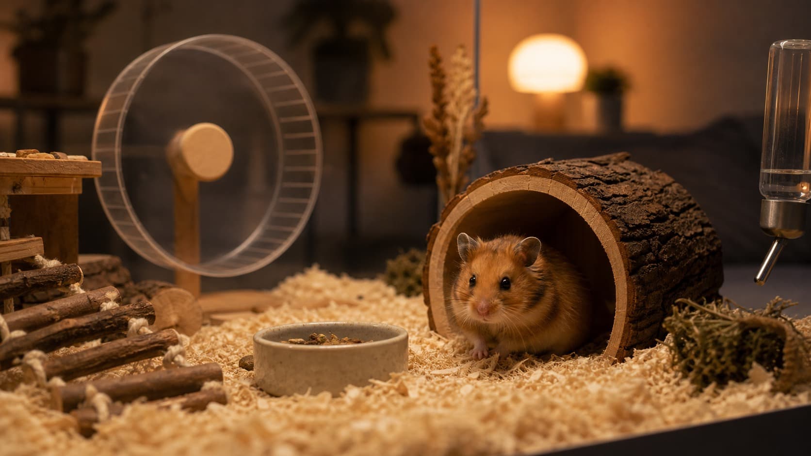 Hamster sitzt abends in einem naturnahen Gehege mit Laufrad, Versteck, Wasser und kleiner Futterportion