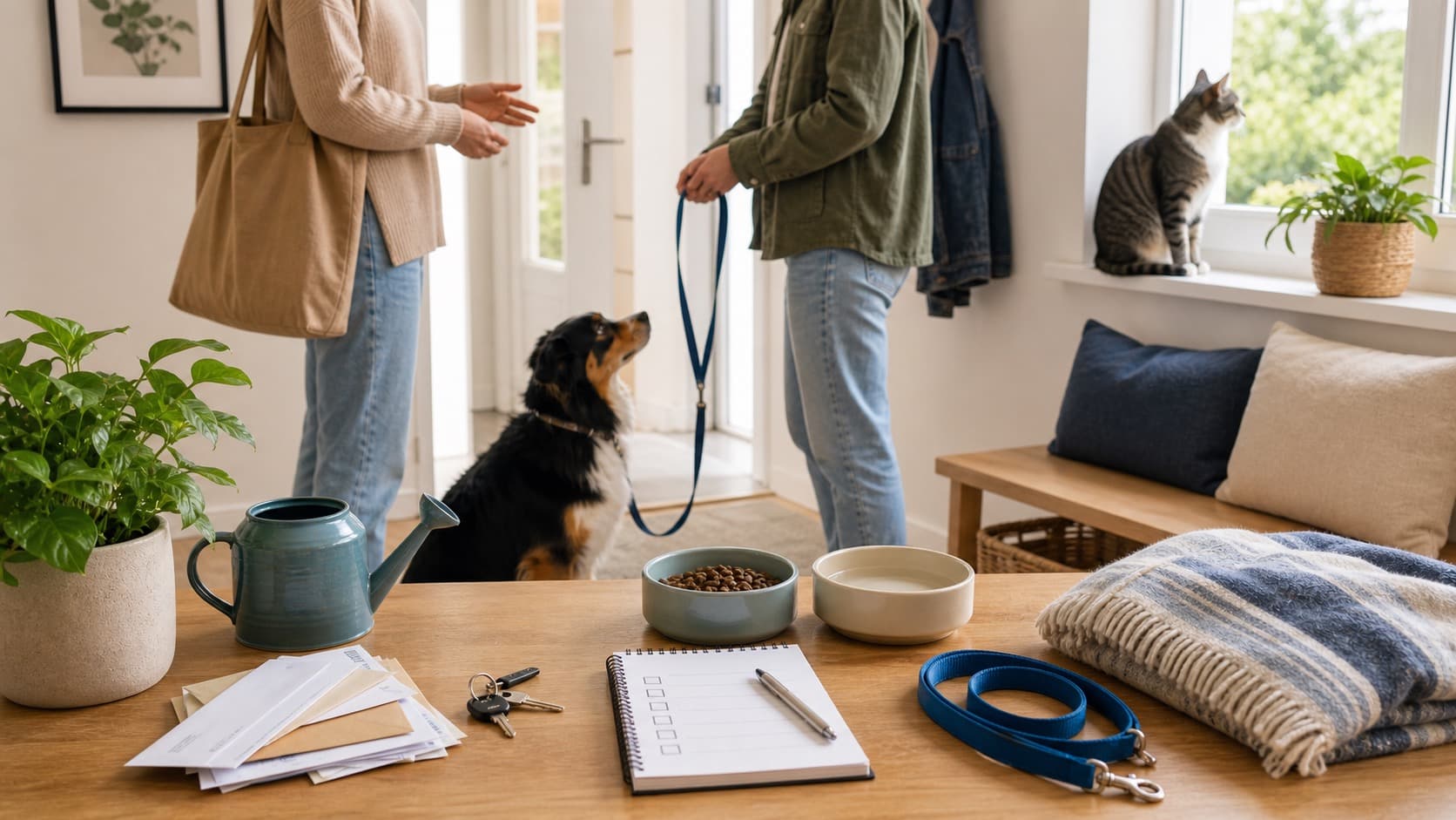 Haussitting Übergabe mit Hund, Katze, Leine, Futternäpfen, Schlüsseln, Post, Pflanze, Gießkanne und Checkliste