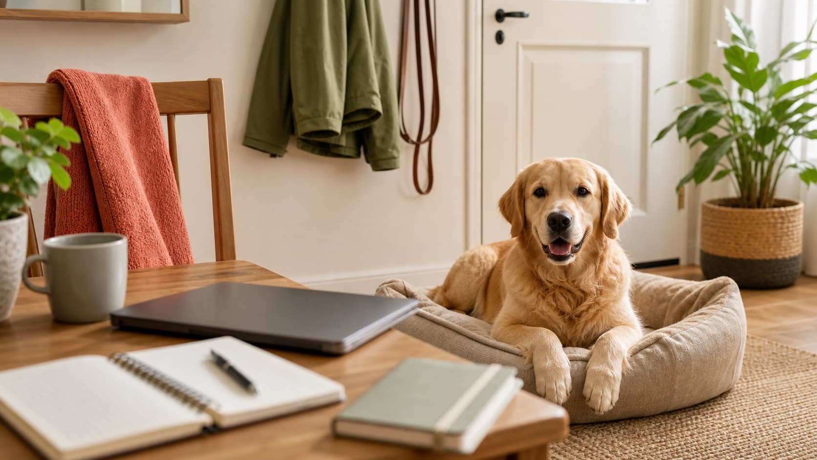 Hund liegt entspannt im Hundebett neben Schreibtisch, Notebook, Leine und Planungsnotizen