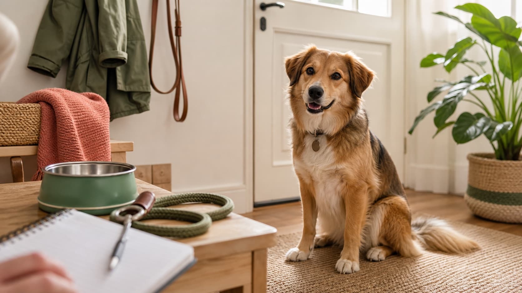 Freundlicher Hund im Eingangsbereich mit Leine, Napf und Notizbuch für die Betreuungsübergabe