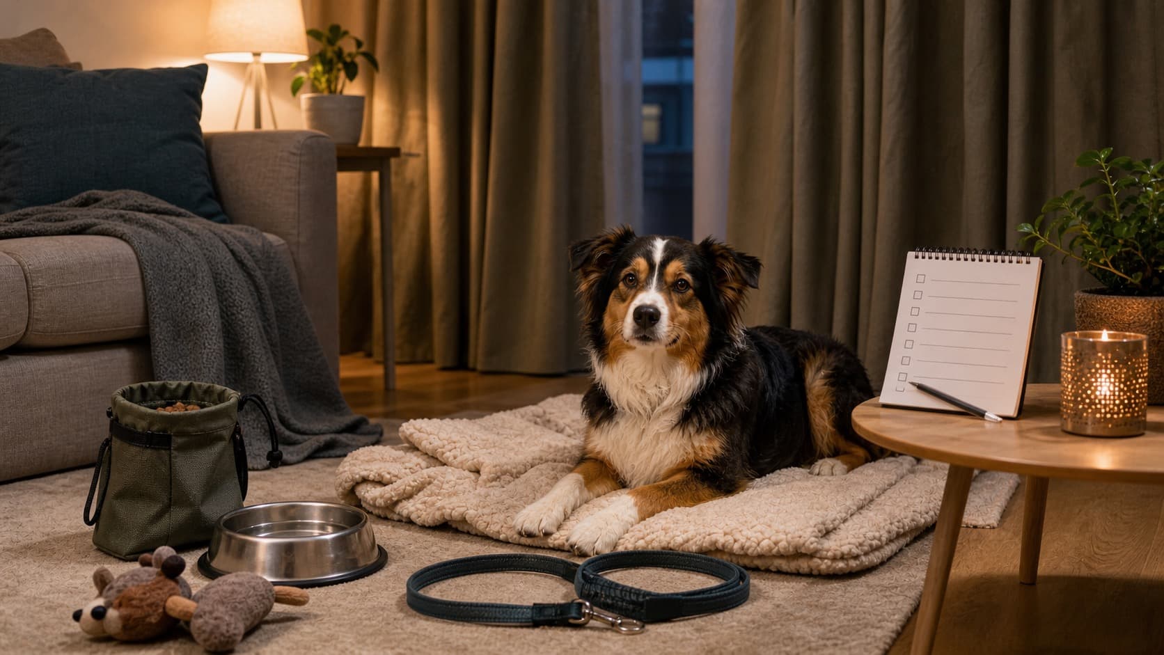 Ruhiger Hund liegt an Silvester auf einer Decke neben Wassernapf, Leine, Spielzeug und Checkliste in einem warm beleuchteten Wohnzimmer
