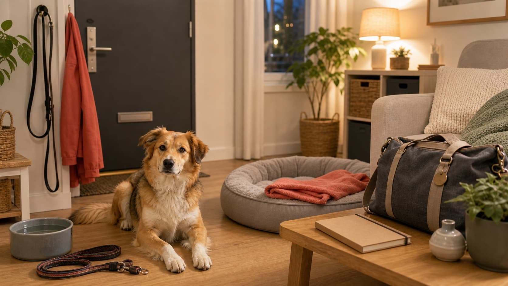 Hund liegt ruhig im Wohnzimmer neben Hundebett, Decke, Leine, Wassernapf und Tasche für die Übernachtbetreuung