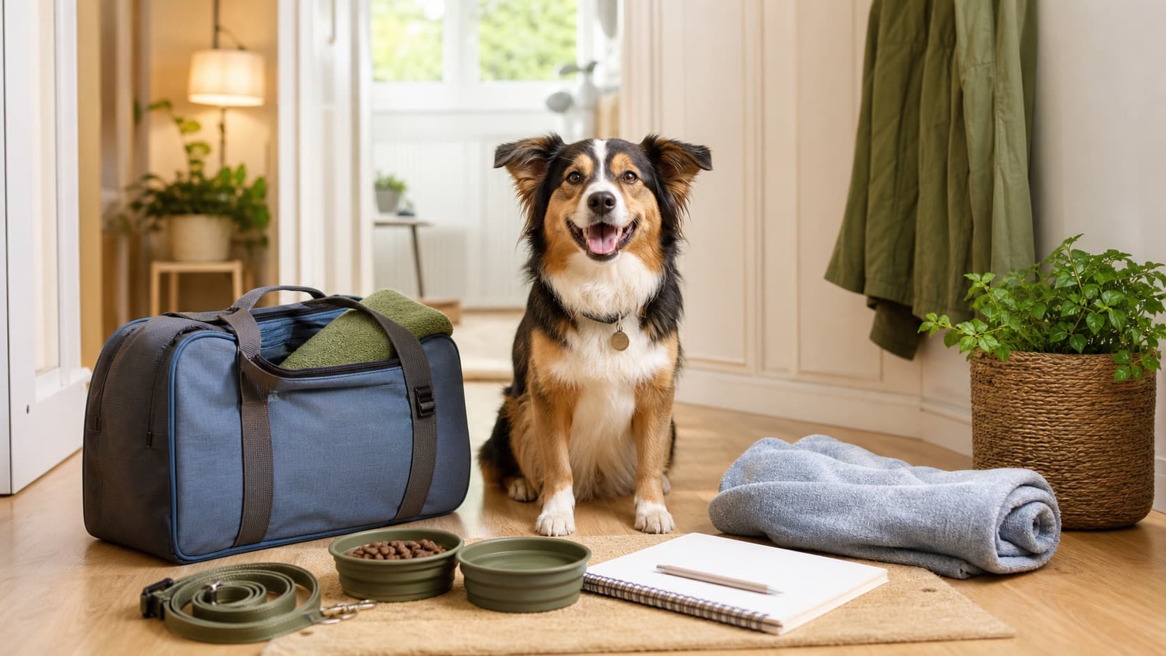 Fröhlicher Hund sitzt neben Wochenendtasche, Leine, Decke, Futter und Notizbuch in einem hellen Flur