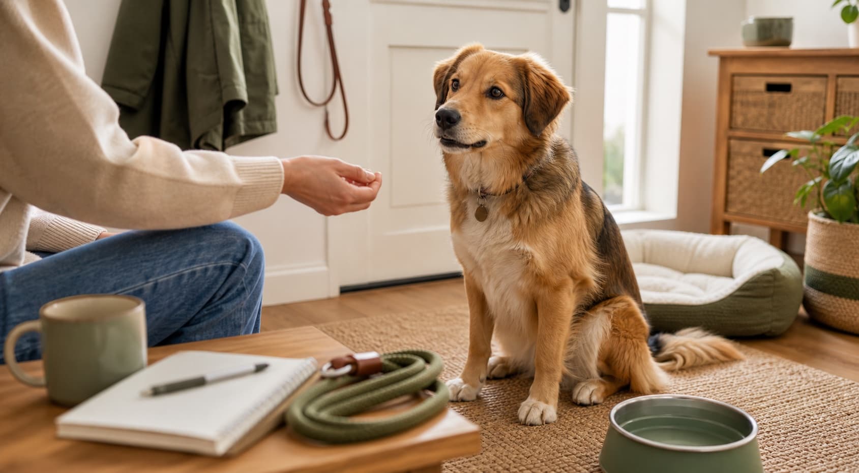 Hund sitzt ruhig im Eingangsbereich während eine Person eine entspannte erste Kontaktaufnahme vorbereitet