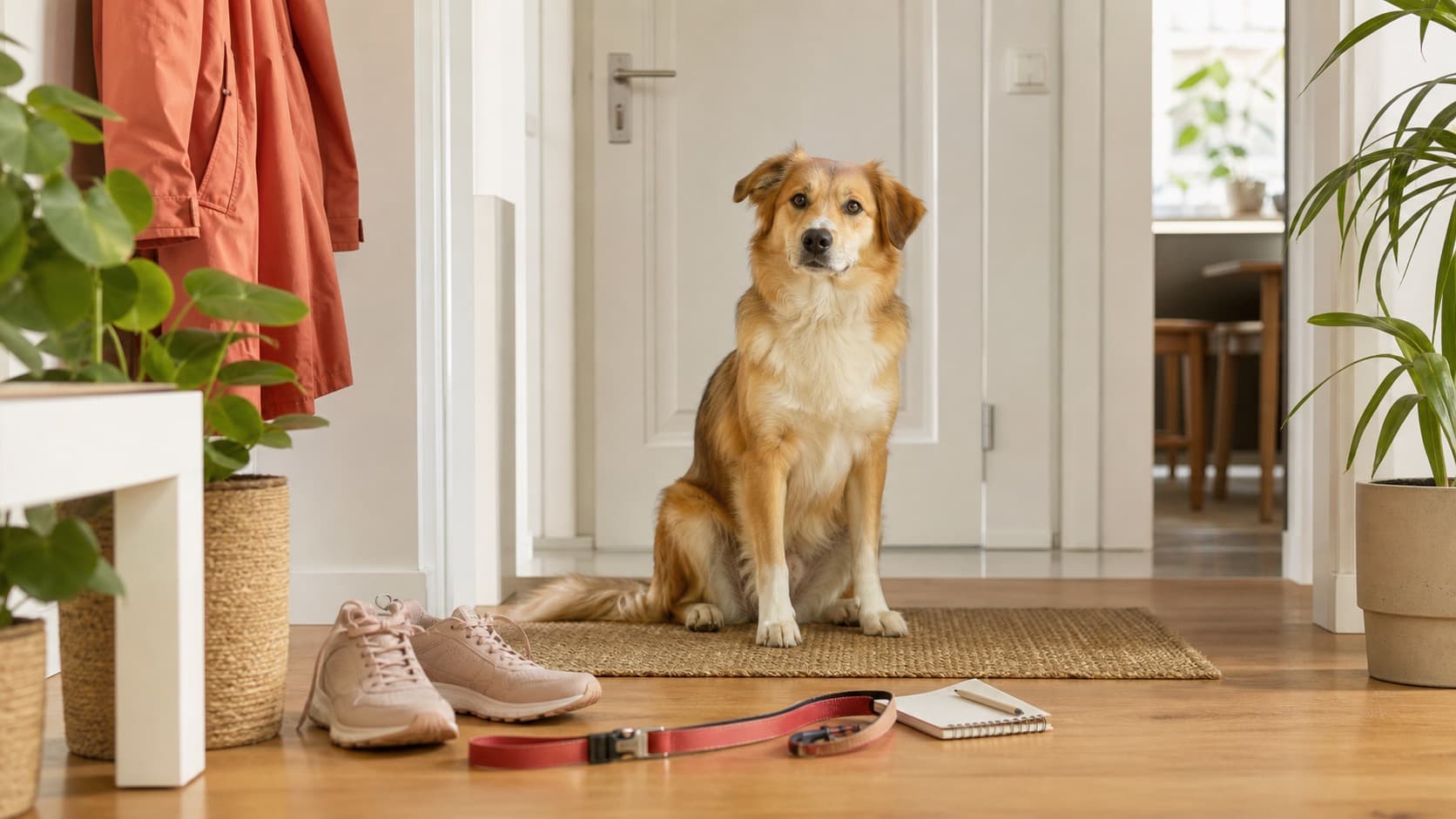Hund sitzt ruhig im Eingangsbereich neben Leine, Schuhen und Notizbuch für die Hundesitter-Übergabe