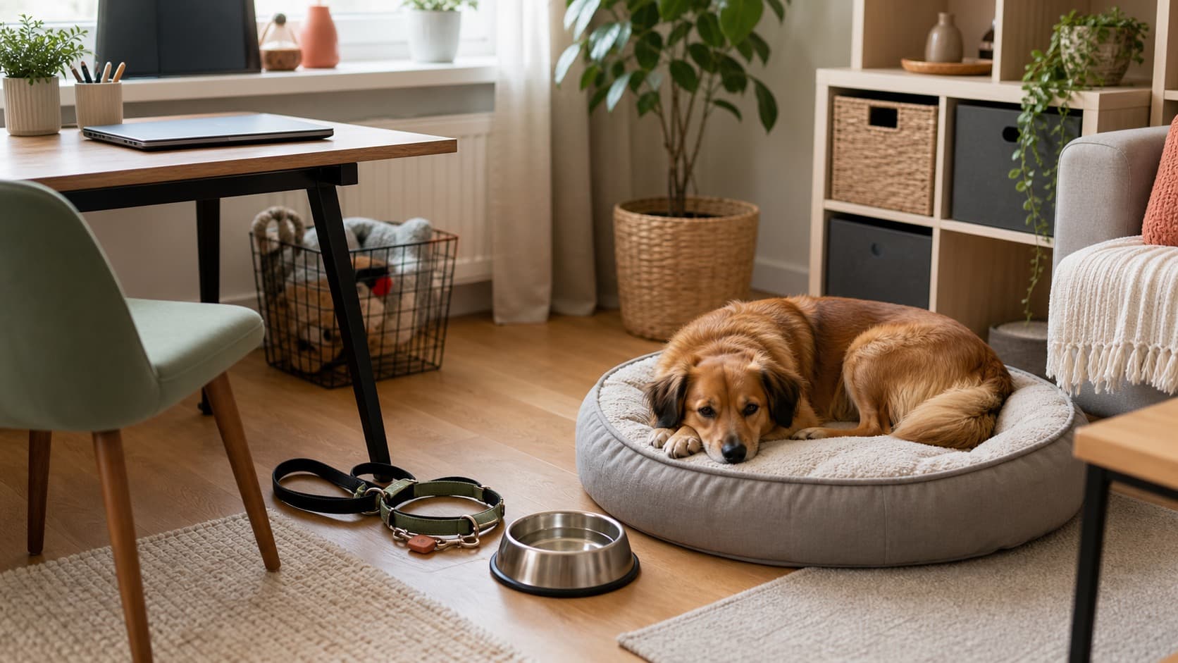 Hund ruht in einem Hundebett neben Homeoffice-Tisch, Leine und Wassernapf für die Tagesbetreuung