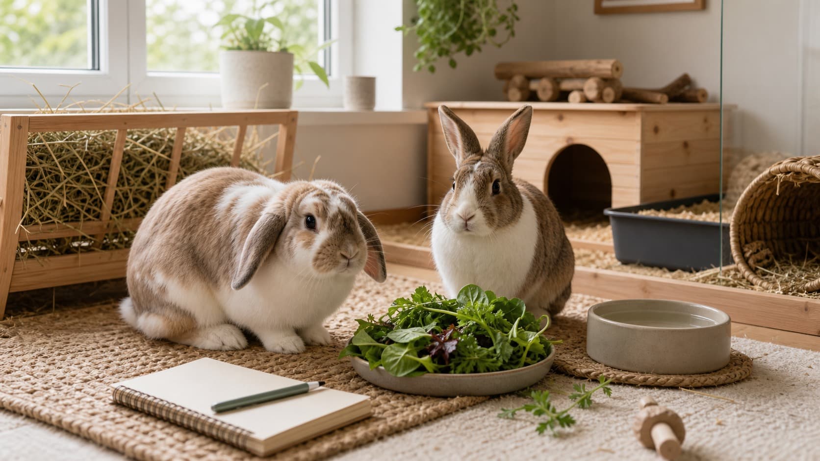Zwei entspannte Kaninchen in einem hellen Innengehege mit Heu, Frischfutter, Wasser und Notizbuch