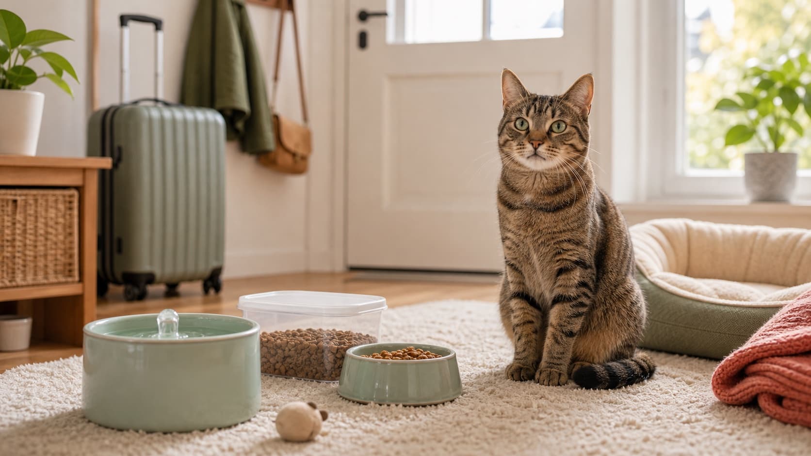 Katze sitzt ruhig neben vorbereitetem Futter, Wasser und Reisekoffer in einer hellen Wohnung