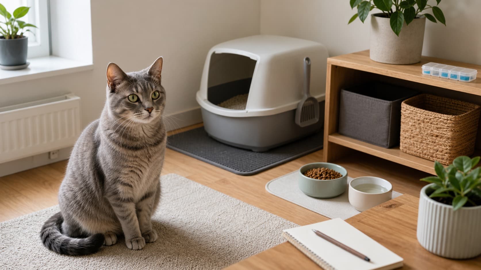 Katze sitzt in einer hellen Wohnung neben vorbereitetem Katzenklo, Futter, Wasser und einer sicheren Medikamentenbox