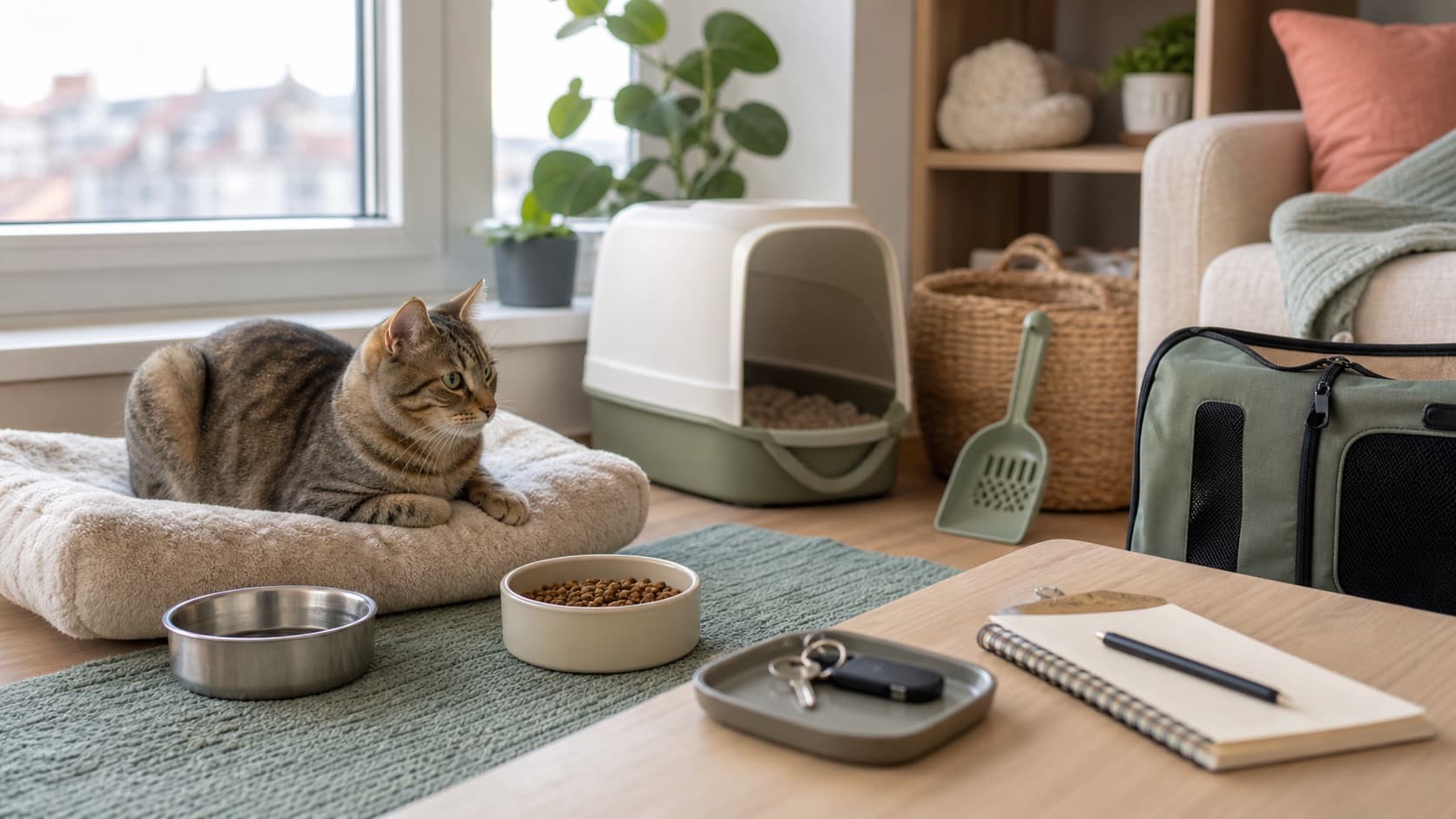 Katze liegt entspannt neben Futternapf, Wassernapf, Katzenklo und Schlüsselablage für Feiertagsbetreuung