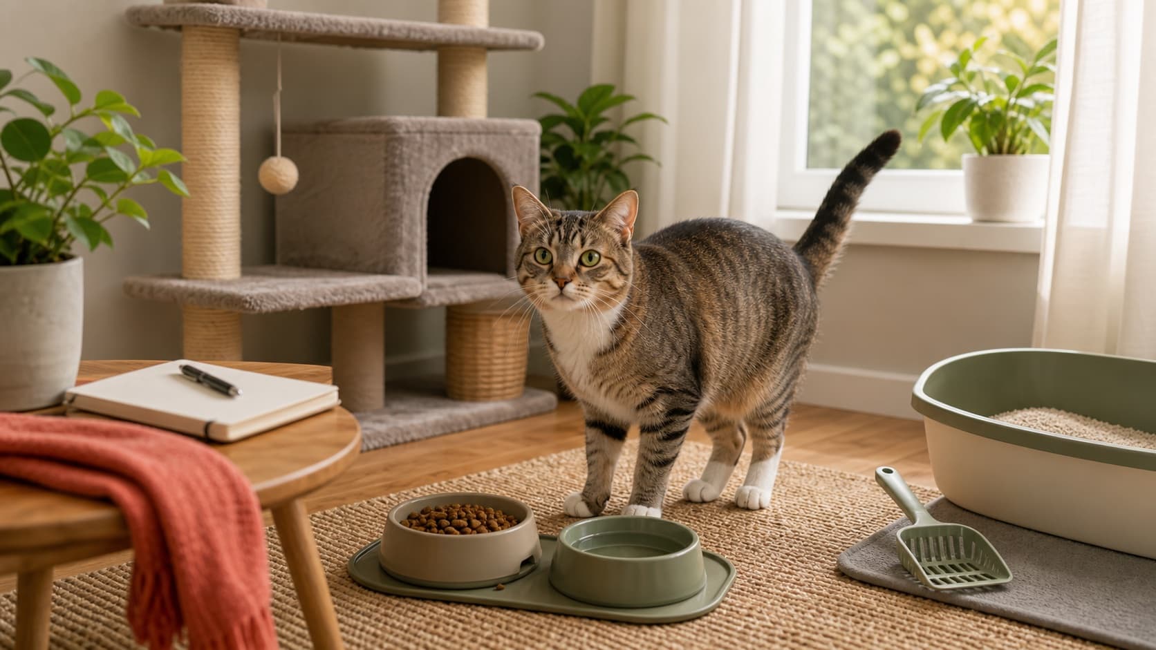 Katze steht entspannt bei Futter, Wasser, Katzenklo und Notizbuch in einer hellen Wohnung