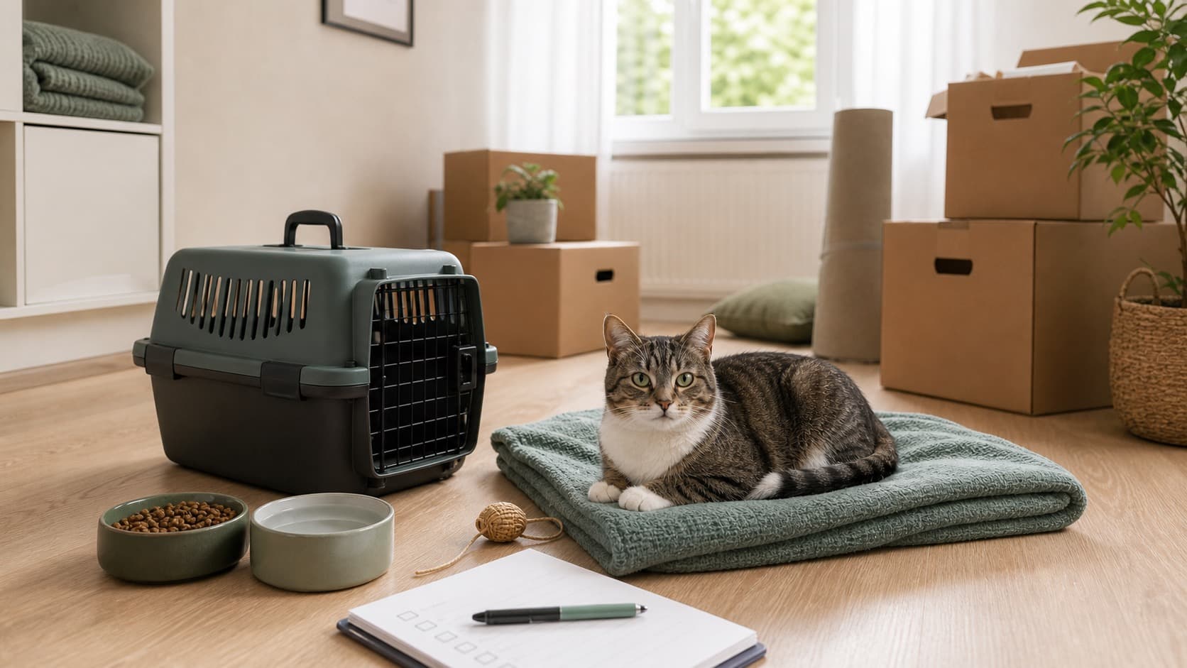 Ruhige Katze liegt in einem sicheren Zimmer neben Transportbox, Futter, Wasser, Decke und Umzugskartons
