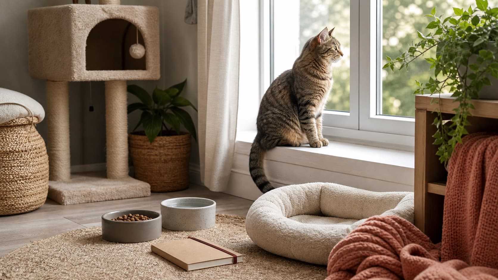 Katze sitzt entspannt am Fenster neben Kratzbaum, Futternapf, Wassernapf und Notizbuch