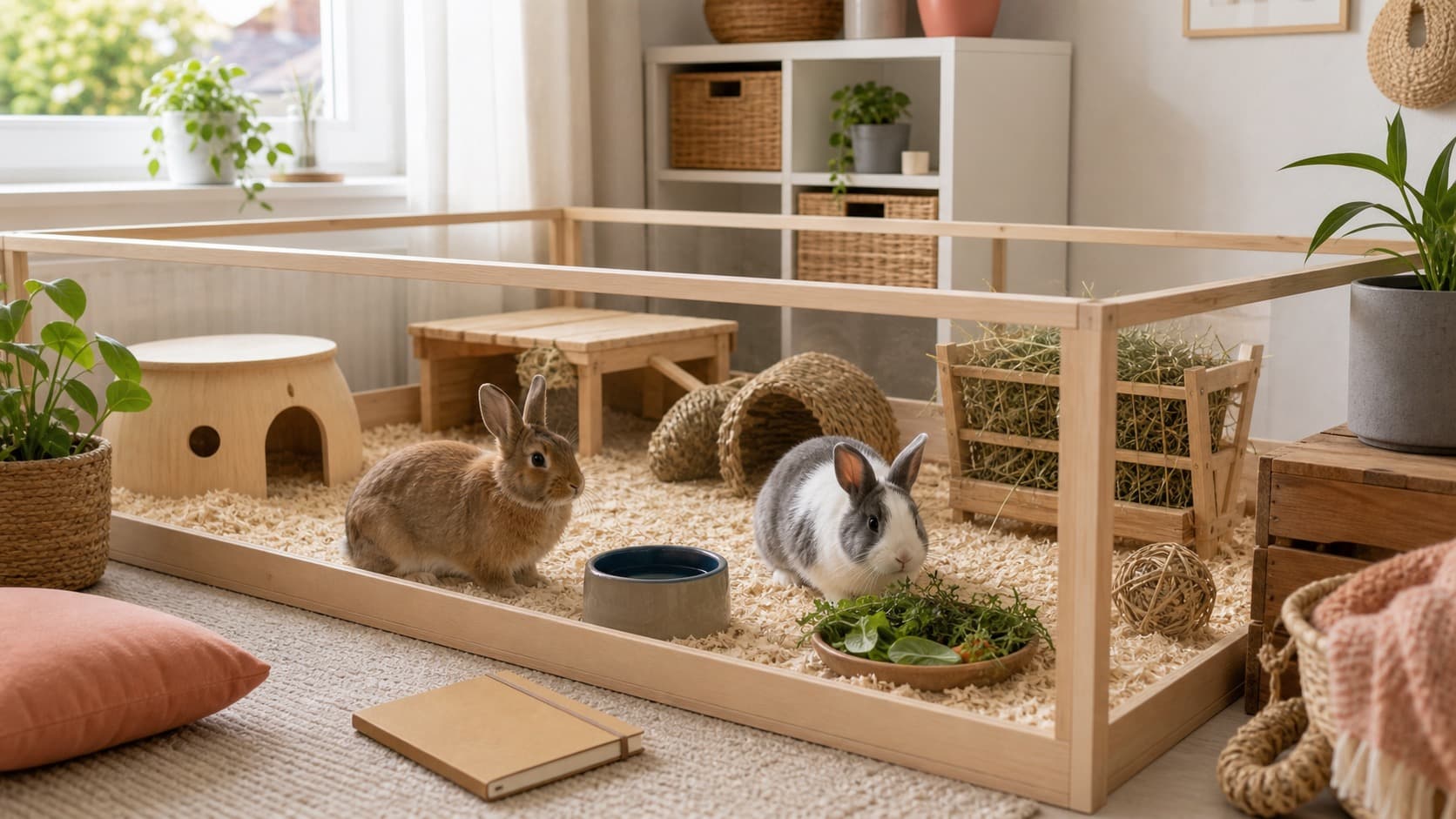 Zwei Kaninchen in einem hellen, großzügigen Innengehege mit Heu, Wasser, Frischfutter und Notizbuch