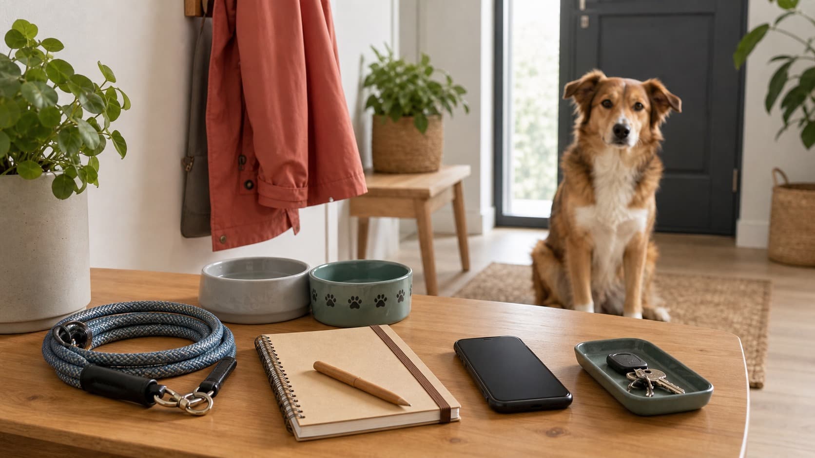 Vorbereitete kurzfristige Tierbetreuung mit Hund, Leine, Näpfen, Schlüsseln, Telefon und Notizbuch im Eingangsbereich