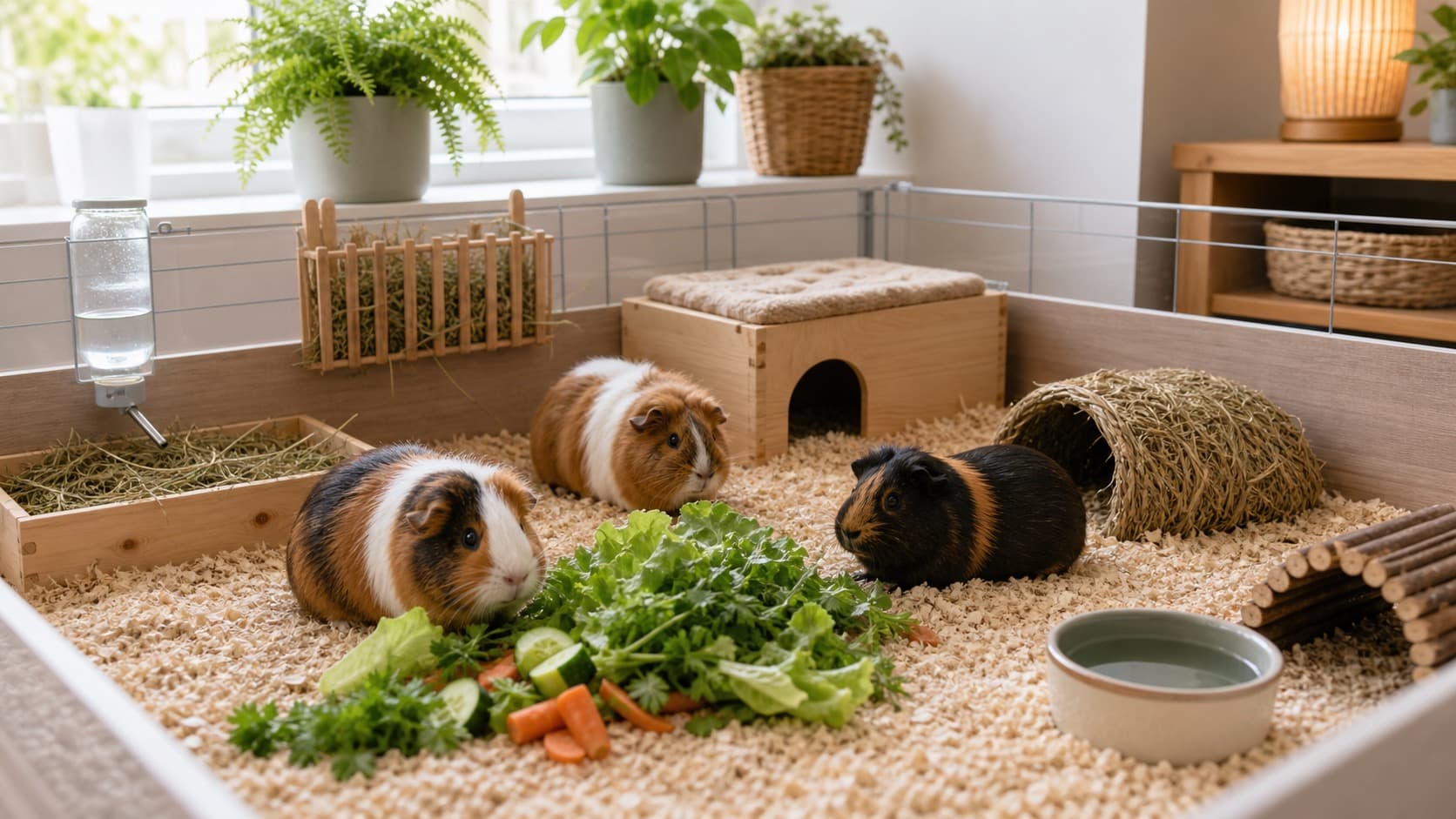 Drei Meerschweinchen in einem sauberen Innengehege mit Heu, Frischfutter, Wasser und Rückzugsorten