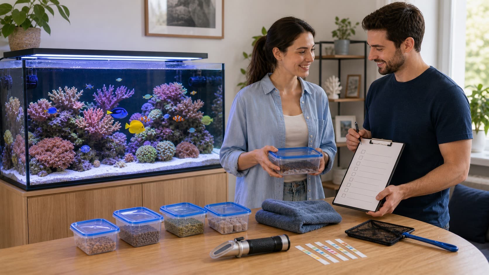 Meerwasser-Aquarium mit bunten Fischen, vorbereiteten Futterdosen, Teststreifen, Refraktometer, Kescher und Checkliste
