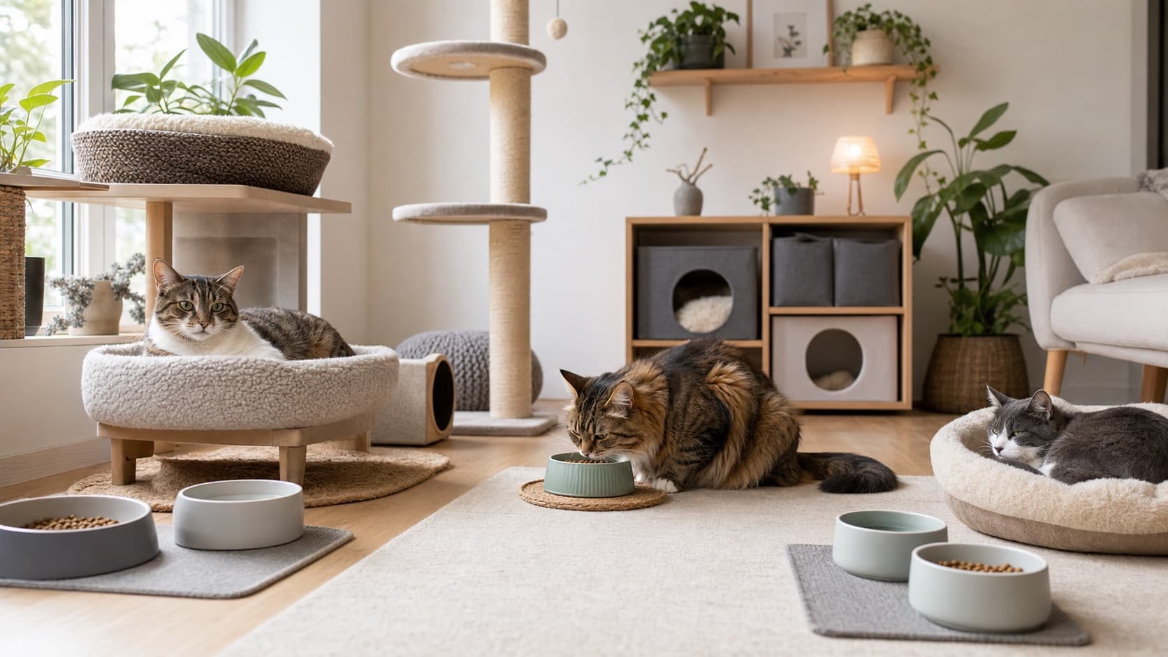 Drei entspannte Katzen in einer hellen Wohnung mit getrennten Futterplätzen, Kratzbaum und Rückzugsorten