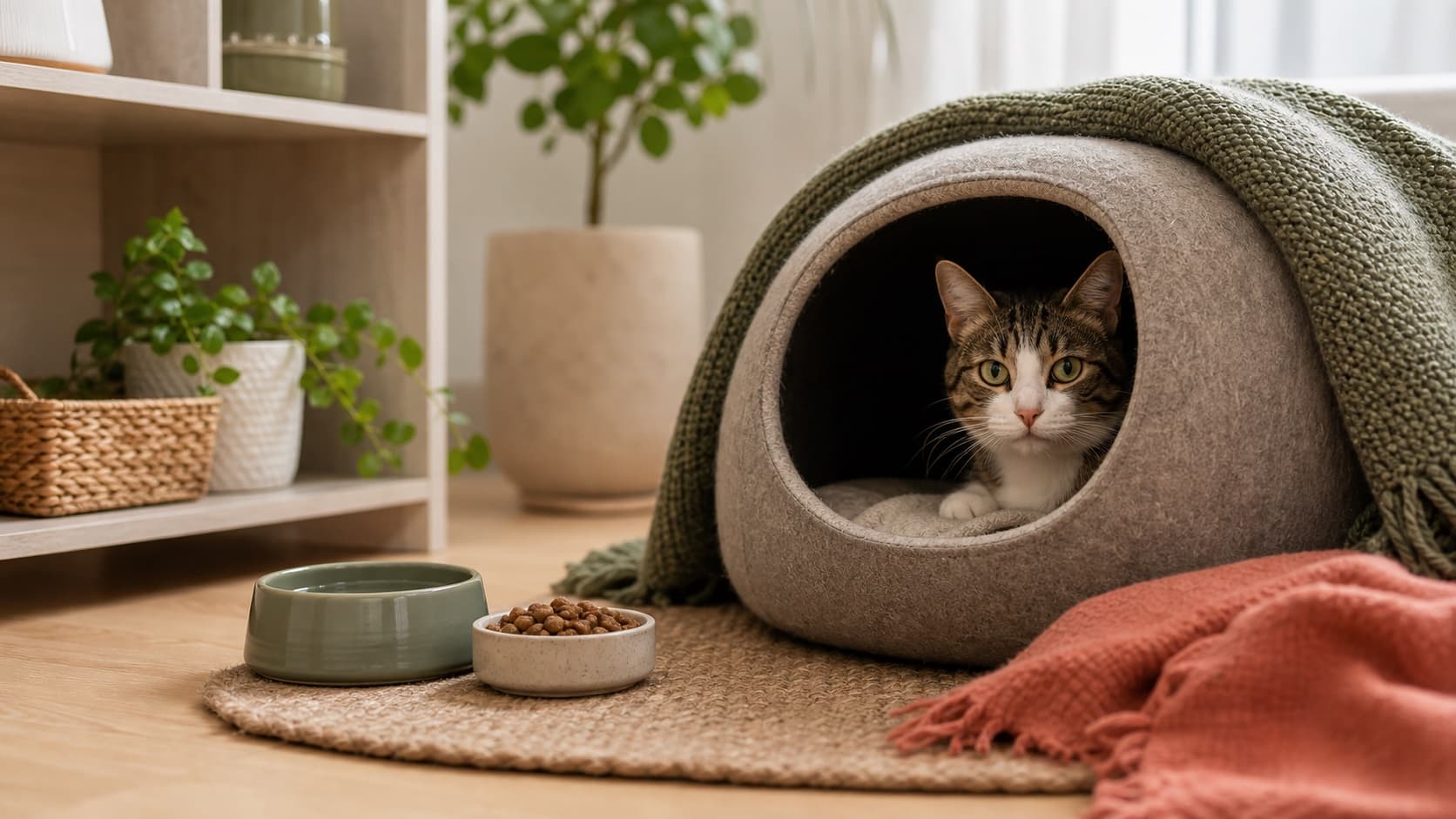 Scheue Katze schaut ruhig aus einer gemütlichen Katzenhöhle neben Futter und Wasser