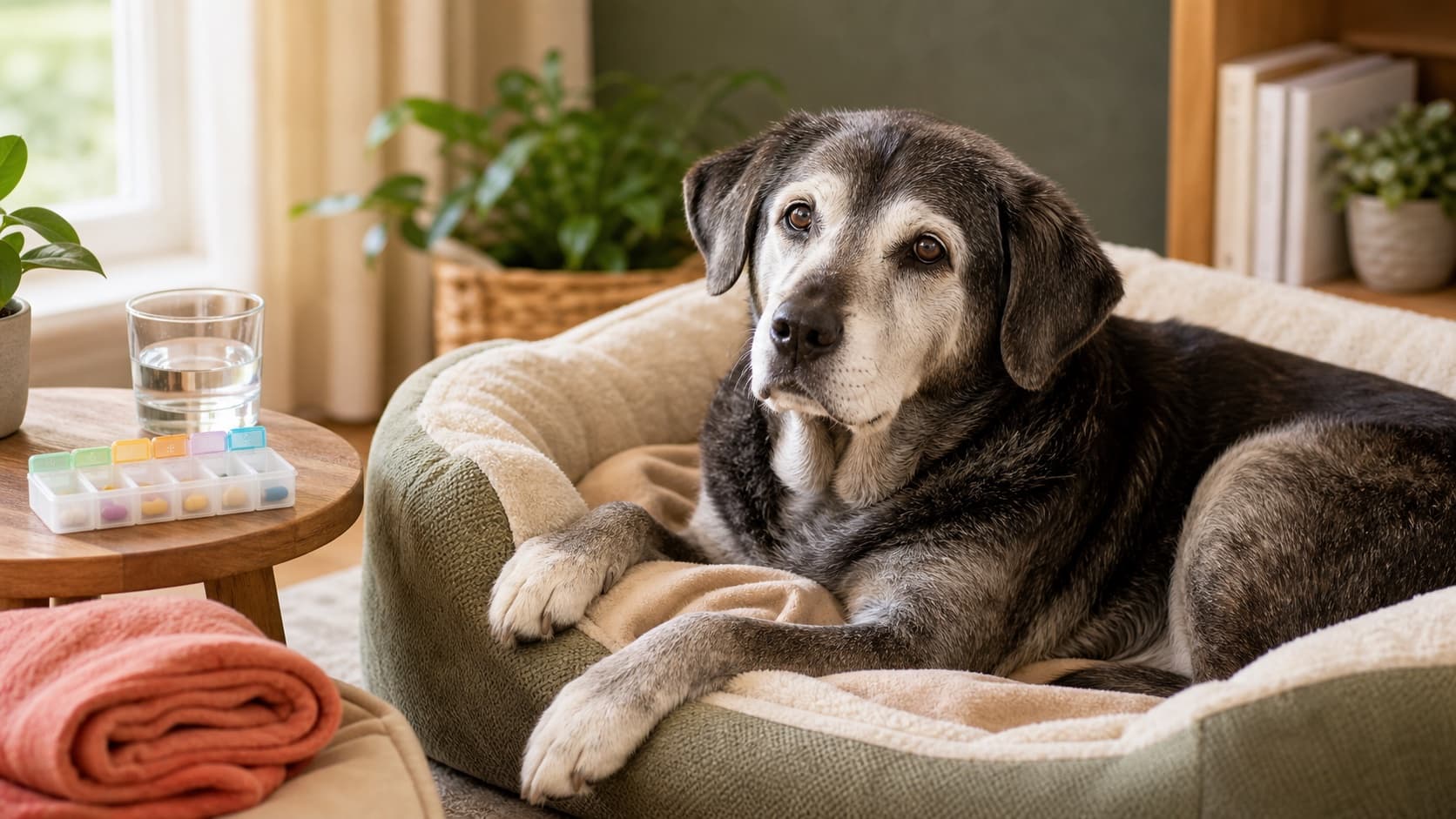 Älterer Hund ruht in einem weichen Hundebett neben Wasserglas, Decke und Medikamentenbox
