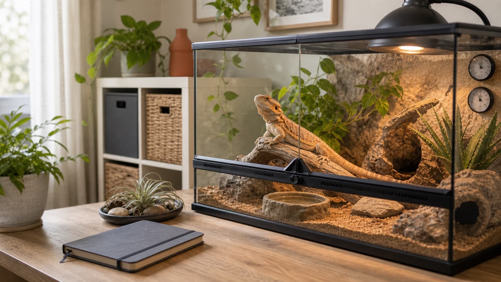 Bartagame in einem gepflegten Terrarium mit Wärmelampe, Wasserschale, Messgeräten und Übergabe-Notizbuch