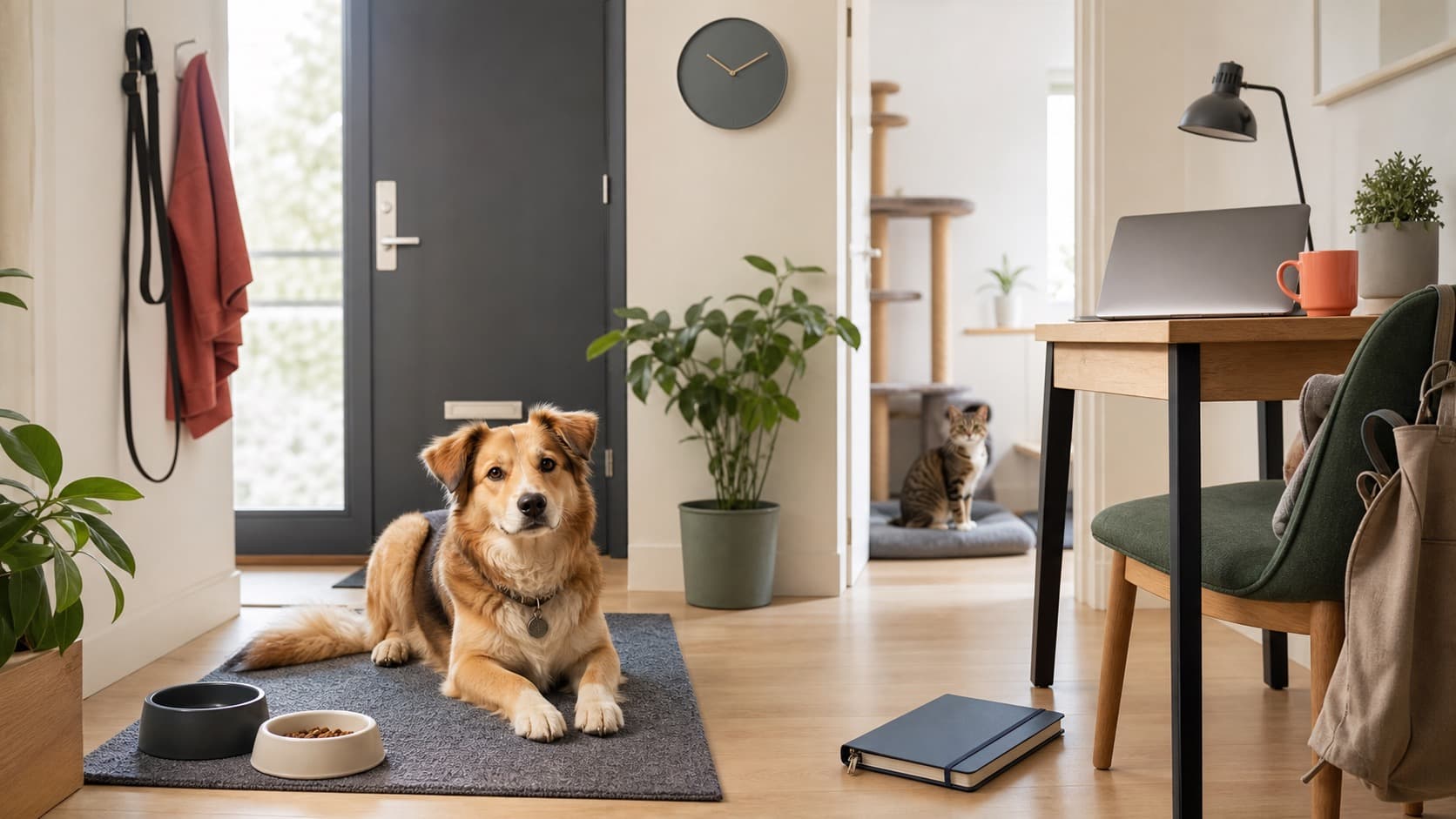 Hund wartet ruhig im Flur neben Futternapf und Arbeitsplatz, im Hintergrund sitzt eine Katze