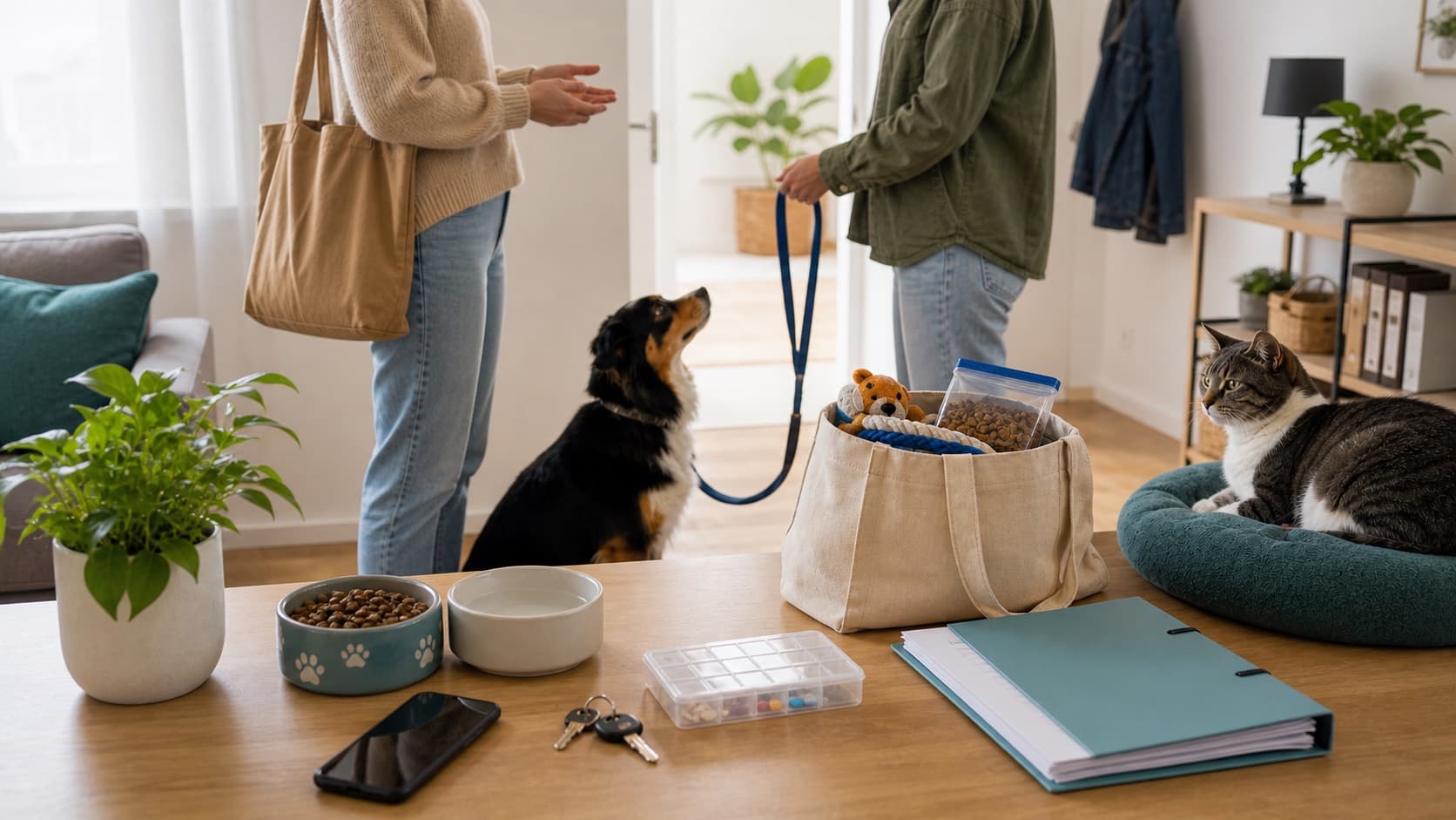 Ruhige Übergabe für Tierbetreuung bei plötzlicher Abwesenheit mit Hund, Katze, Schlüsseln, Futter, Unterlagen und Telefon