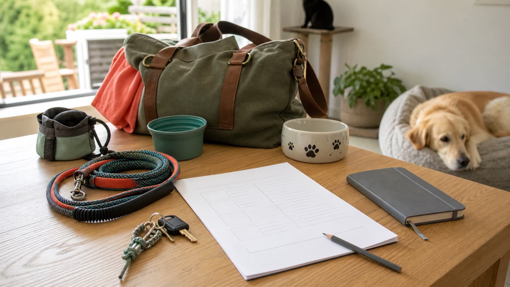 Vorbereitete Tierbetreuungsübergabe auf einem Tisch mit Leine, Näpfen, Schlüssel, Tasche und ruhendem Hund
