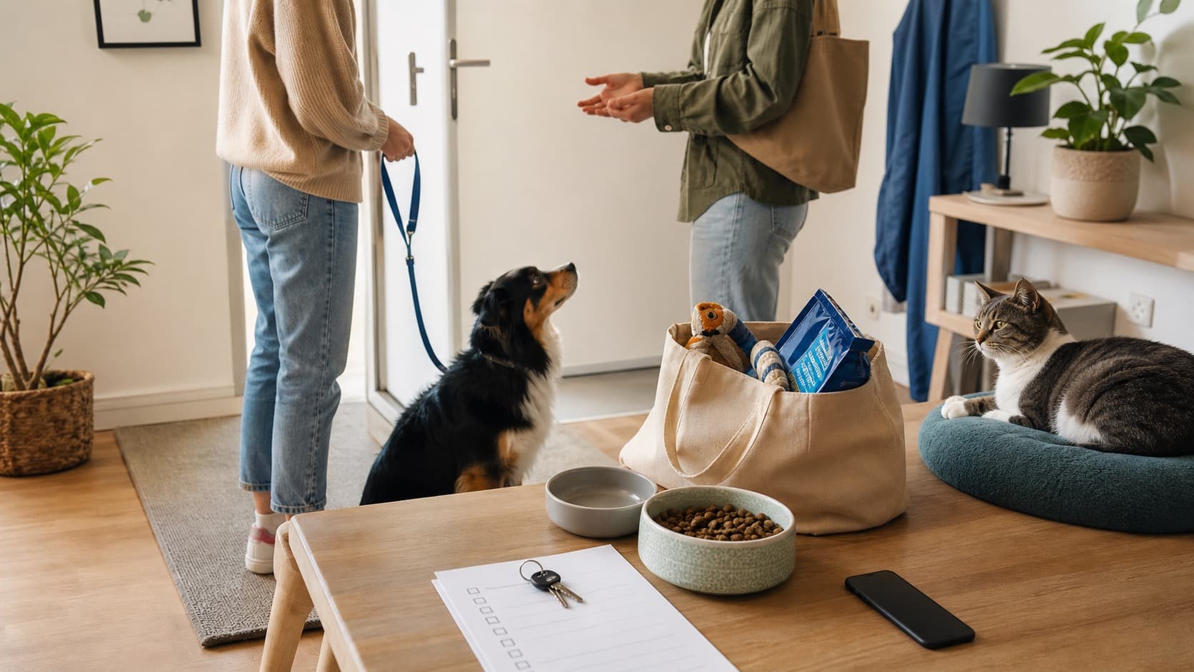 Ruhige Übergabe für Tierbetreuung mit Hund, Katze, Futternapf, Schlüssel, Tasche und Checkliste in einer hellen Wohnung