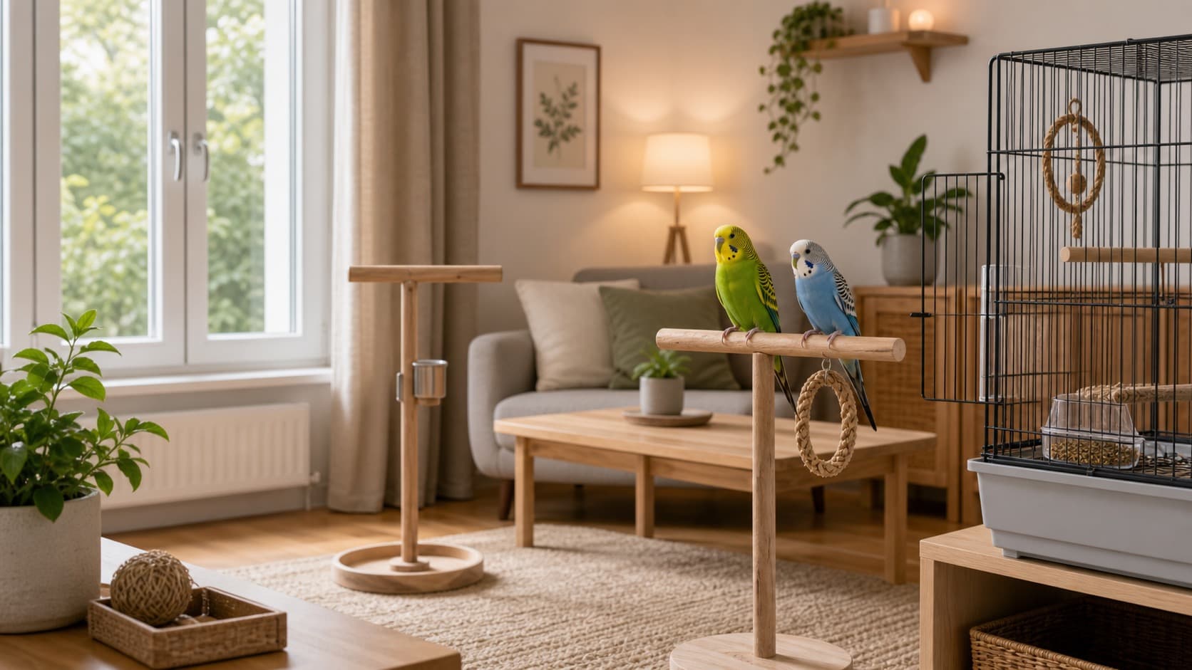 Zwei Wellensittiche sitzen auf einem Freisitz in einer hellen, sicher vorbereiteten Wohnung neben einem geöffneten Käfig