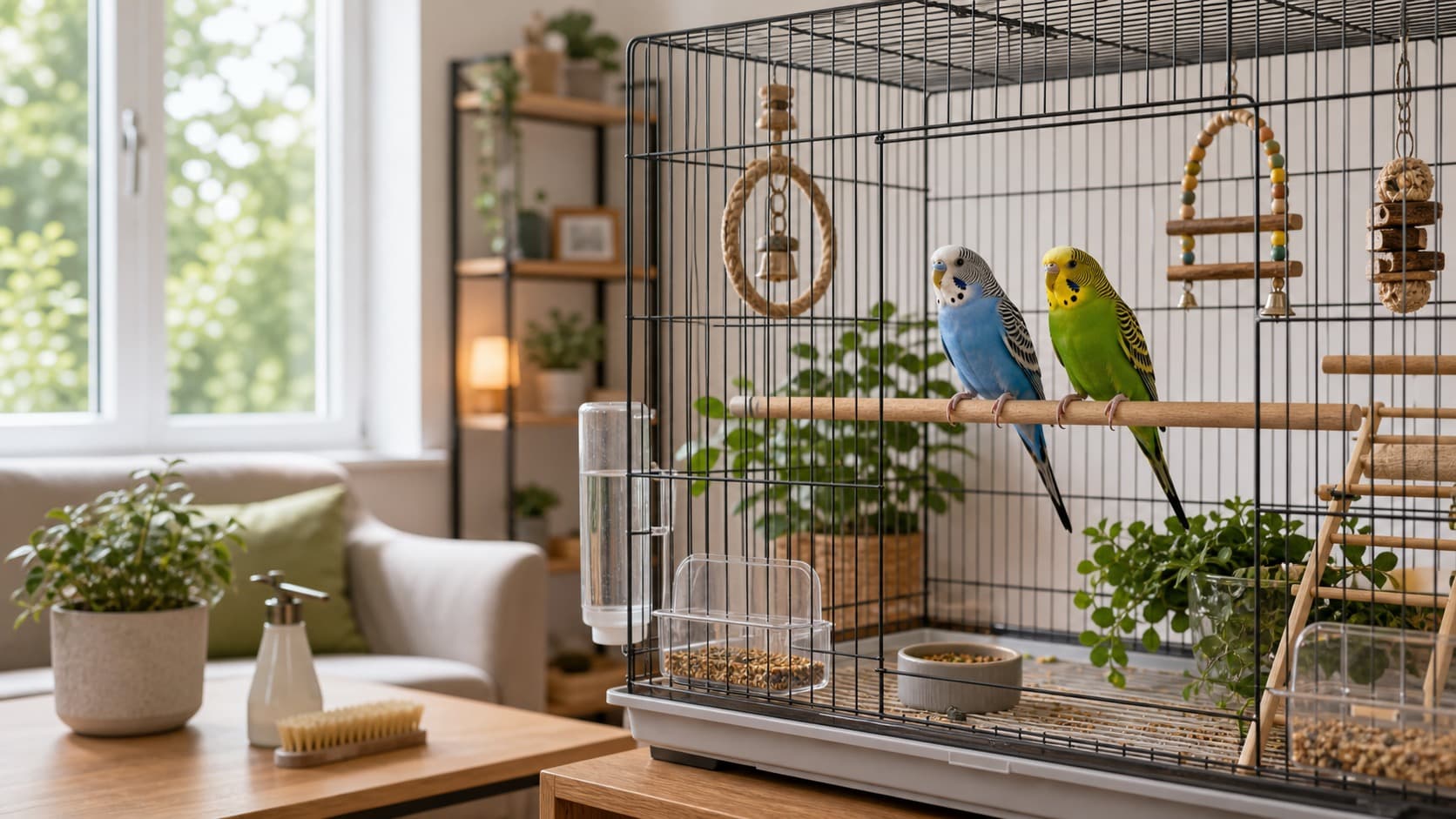 Zwei Wellensittiche in einer hellen Wohnung in einem sauberen Vogelkäfig mit Wasser, Futter, Sitzstangen und Spielzeug