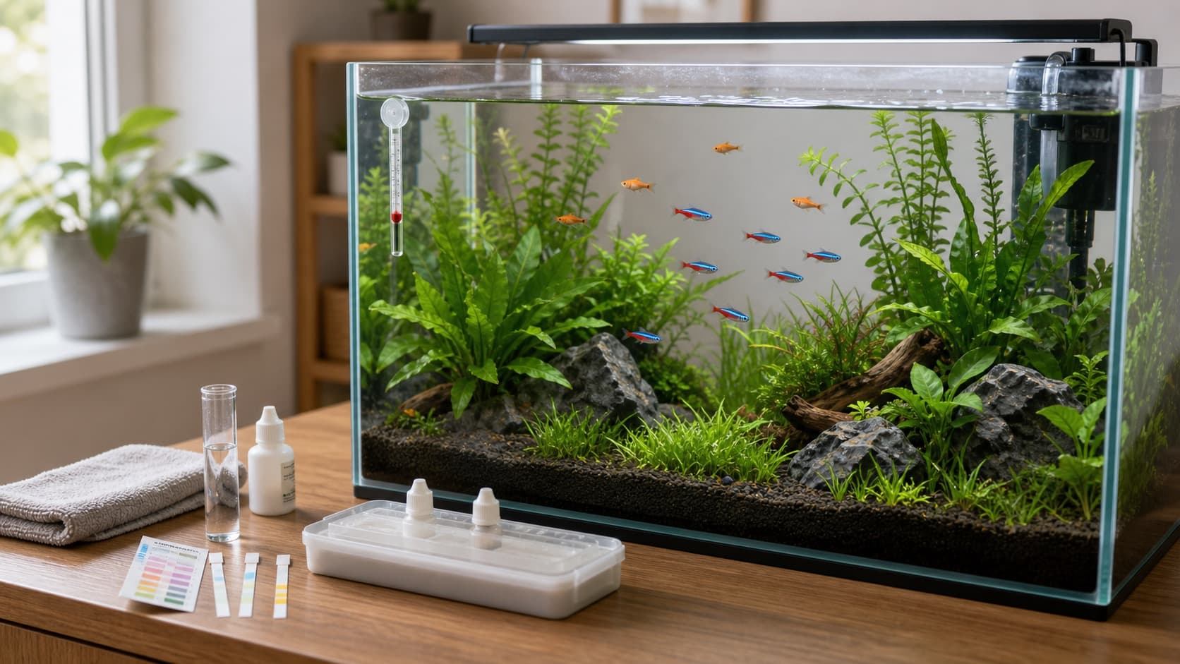 Gepflegtes bepflanztes Aquarium mit Wasser-Testset, Teststreifen, Thermometer und ruhig schwimmenden Fischen