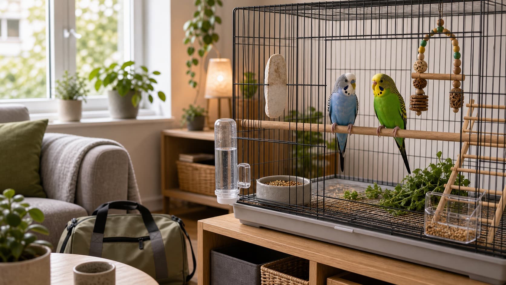 Zwei Wellensittiche sitzen in einer hellen Wohnung in einem sauberen Käfig mit Wasser, Futter, Spielzeug und Reisetasche im Hintergrund