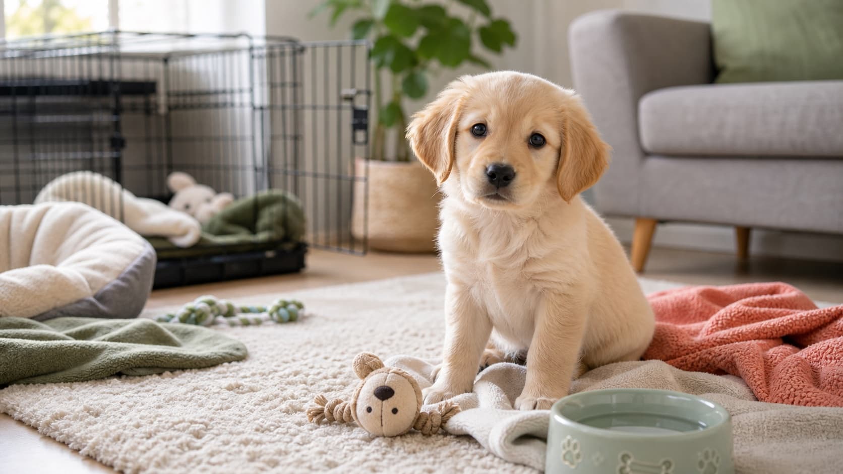 Junger Welpe in einem ruhigen Wohnzimmer mit Hundebett, Decke, Spielzeug und Wassernapf